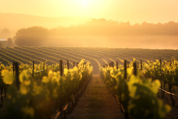 rows of grapevines at sunset, in the mist of the autumn. aerial perspective. AI generated
