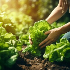 woman hands picking green lettuce in vegetable garden