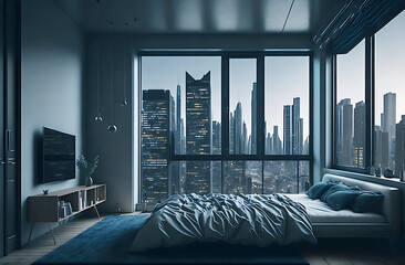 modern, cozy, stylish apartment bedroom with a comfortable bed positioned near a large window overlooking cityscape 