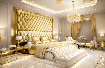 Arafed bedroom with a bed, a chair, and a table, gold and luxury materials, luxury hd render