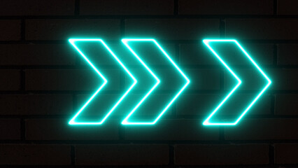 Glowing directional right arrow neon sign. Set of bright blue neon light arrows pointing to the right. Flashing direction indicators. 3D rendering of glowing neon arrows on a bricks background