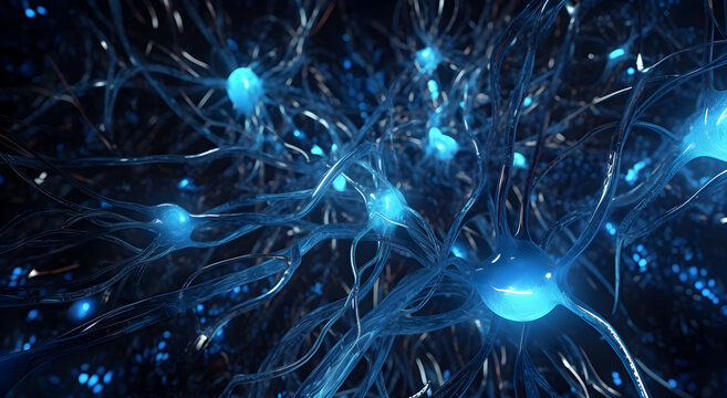 Generative AI microscopic view of neuron cells with their axons, dendrites, synapses, neuronal network of brain cells, transmitting signals