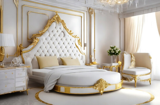 Arafed bedroom with a bed, a chair, and a table, gold and luxury materials, luxury hd render