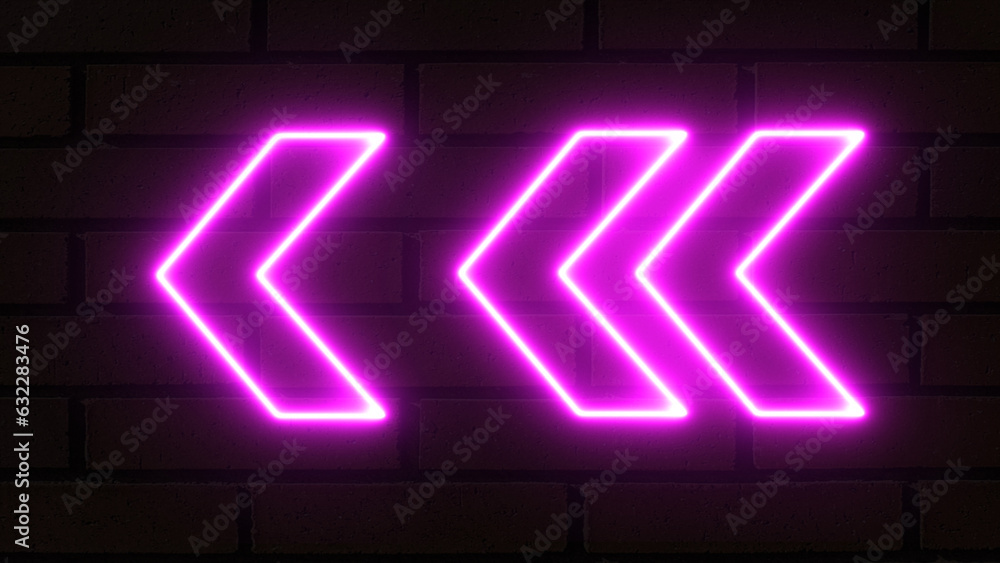 Poster glowing directional left arrow neon sign. set of bright purple neon light arrows pointing to the lef