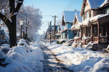 Snow covered street in the suburbs in winter on New Year's Eve