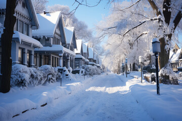 Fototapeta premium Snow covered street in the suburbs in winter on New Year's Eve