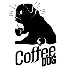 Fun dog drinking coffee. Distrustful Pug.
