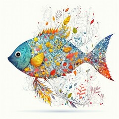 Psychedelic surreal abstract flower fish minimal. Vivid hand drawn fashionable fish on white background. Colourful illustration trendy background for interior design