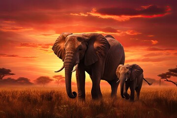 Fototapeta na wymiar African elephant with baby in savannah at sunset, 3d render, African savannah at sunset with two elephants Loxodonta africana, AI Generated
