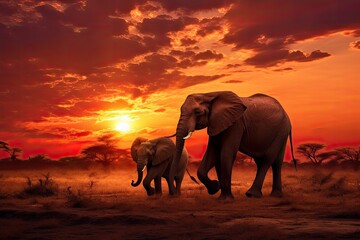 African elephant with her baby in savanna at sunset. 3D rendering, African savannah at sunset with two elephants Loxodonta africana, AI Generated