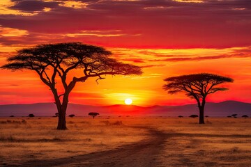 Fototapeta na wymiar Sunset in Serengeti National Park in Tanzania, Africa, African savannah with acacia trees at sunset. Serengeti National Park, Tanzania, AI Generated