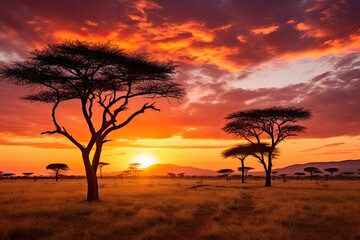 Sunset in the Serengeti National Park, Tanzania, Africa, African savannah with acacia trees at sunset. Serengeti National Park, Tanzania, AI Generated