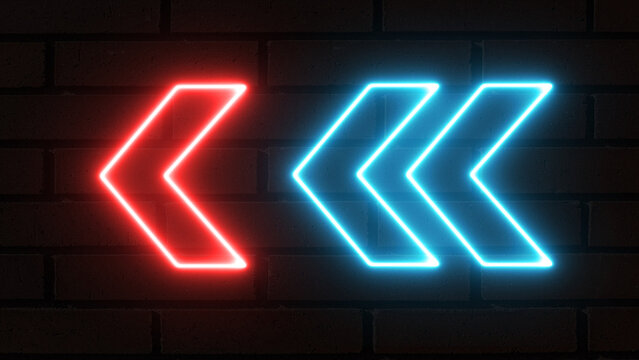 Glowing directional left arrow neon sign. Set of bright red and blue neon light arrows pointing to the left. Flashing direction indicators. 3D rendering of glowing neon arrows on a bricks background