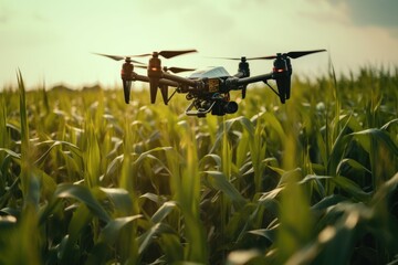 Drone quadcopter with digital camera flying over corn field. Agriculture Drone Monitoring Green Corn Field, AI Generated