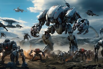 3D rendering of a group of aliens on an alien planet. AI War Machines An image displaying a variety of robots, AI Generated