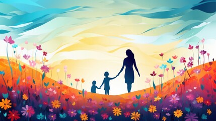 Illustration silhouette picture for mothers day containing a mom hugging her son/daughter - obrazy, fototapety, plakaty