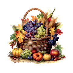 Thanksgiving cornucopia watercolor. Poster, banner, greeting card. Vector illustration. Holiday greeting card collection. Food illustration.