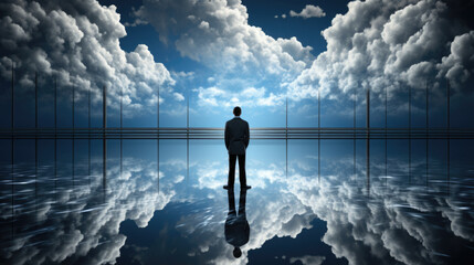 A man standing in front of a mirror with clouds in the background. - obrazy, fototapety, plakaty