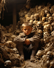 Fototapeta na wymiar A Young Boy in a Cave Surrounded by Skulls and Bones