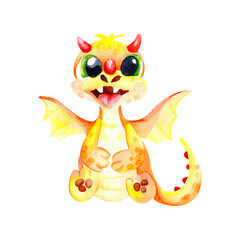 Watercolor yellow dragon cute illustration of new year simbol. Dinosaur cute kid illustration