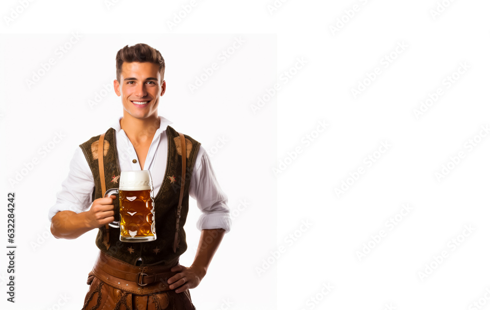 Wall mural German man wearing lederhosen, and holding a large mug of golden beer with white foam. October fest or bier fest theme. Isolated on white background with copy space.