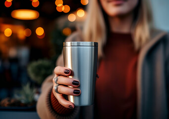 Close-up of female hand, holding reusable steel stainless eco thermo water bottle with mockup,