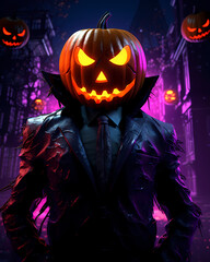 Halloween headless horseman, pumpkin, RTX , NEON LIGHTS, 4:5 aspect ratio. mobile background picture, oliday, night, scary, creepy, evil, celebration
