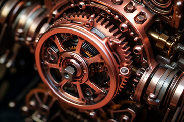 gears and cogs, copper and iron clockwork gear mechanism, old fashion engine, mechanical design concept, made with Generative AI