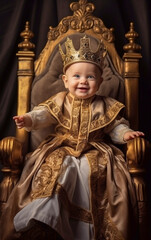 A little adorable and smiling baby sit on a golden majestic throne