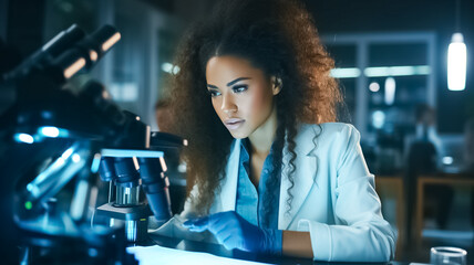 Portrait of beautiful female african american scientist. Science, microscope with woman in laboratory for medical, pharmacy. Biotechnology, ecology, healthcare, pharmaceutical research and development