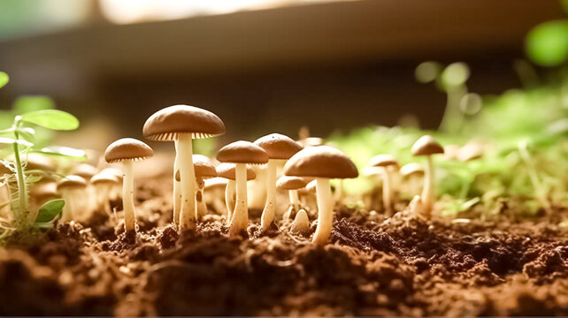 Mushrooms in their natural habitat. Wild mushroom growing from the soil in the forest.
