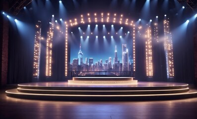 A vibrant stage with dazzling lights and an elaborate set design - obrazy, fototapety, plakaty