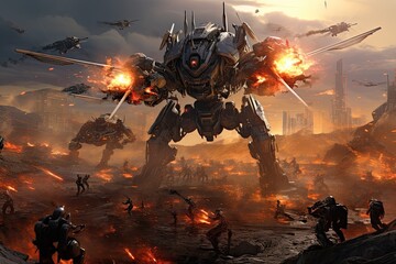 Futuristic battle scene with flying robots and soldiers 3D rendering, AI War Machines An image displaying a variety of robots, AI Generated