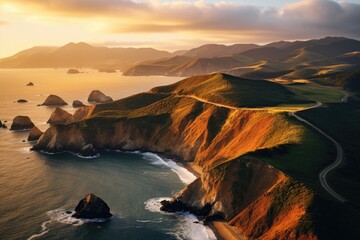 Obraz premium Aerial view of Pacific Ocean coastline at sunset. California, USA. Aerial view of Marin Headlands and Golden Gate bay at sunset, AI Generated