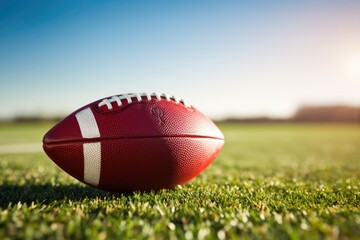 American football ball on green field with blue sky in the background. American Football shot with shallow depth of field with room for copy, AI Generated