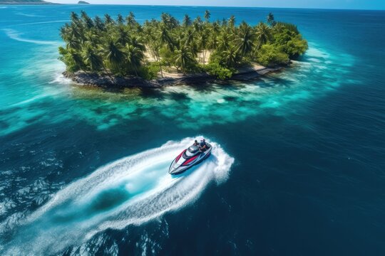 Aerial view of a speedboat in the ocean. Aerial view of a speedboat on a tropical island. Aerial view of Jet Ski Tropical Ocean island in summer, AI Generated