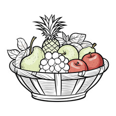 Vector illustration of a realistic round wicker basket full of fresh fruit. 