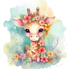 dreamy watercolor cute happy chibi giraffe with flowery fairytale background clipart, soft pastel...