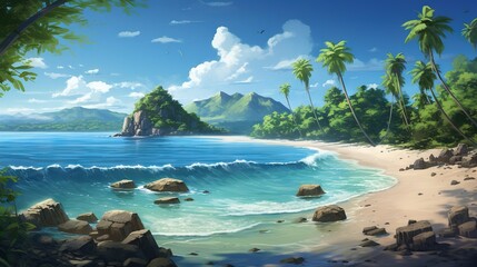  a painting of a tropical beach with palm trees and rocks.  generative ai