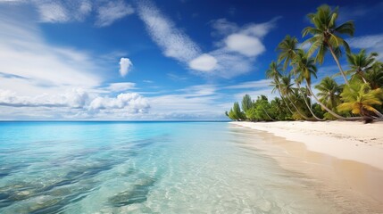  a tropical beach with palm trees and clear blue water on a sunny day.  generative ai