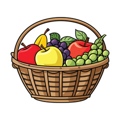 Vector illustration of a realistic round wicker basket full of fresh fruit. 