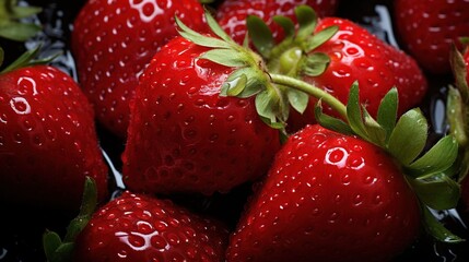  a close up of a bunch of strawberries with a green stem.  generative ai