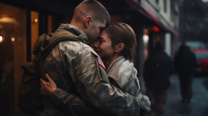 Fototapeta premium Soldier in uniform returning home and being greeted kindly 