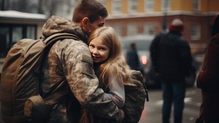 Fototapeta premium Soldier in uniform returning home and being greeted kindly 