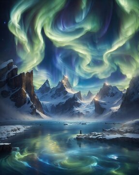An enchanting aurora dancing over majestic mountains © Usman