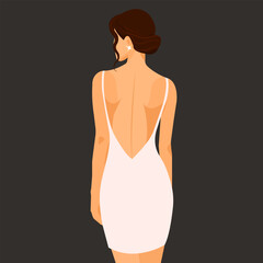 Fototapeta premium Vector fashion illustration in flat style. Young elegant woman in fashionable sexy dress with bare back and shoulders. Back view. 
