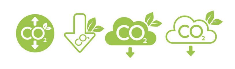 CO2 emission reduction neutrality concept icon set. Cloud shape banners with zero footprint, CO2 neutral. Green eco friendly stop global warming. Vector