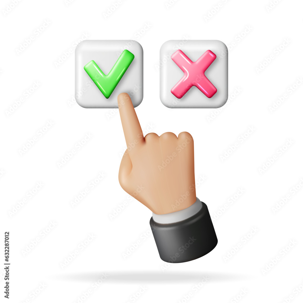 Aufkleber 3d right and wrong button shape and hand. green yes and red no correct incorrect sign. checkmark tic