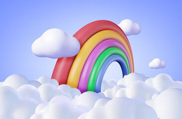 3d Cartoon Rainbow with Clouds Background. Render Minimal Rainbow in Cloud Art Element. Plastic Children Toy. Realistic Kids Decoration. Vector illustration.