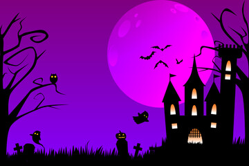 Halloween Haunted House or dark castle on purple sky background. Halloween symbols witch owl, pumpkin, full moon, ghost and flying bat.